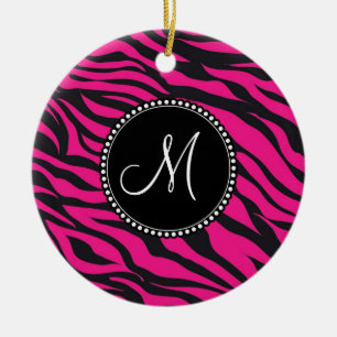 Aangepast monogrammatisch Initiaal Hot Pink Black Keramisch Ornament