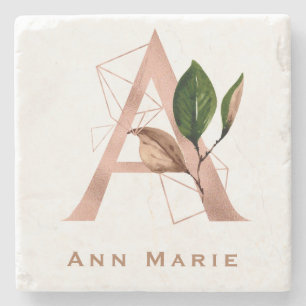 Aangepast monogrammatisch Roos Gold Floral Initiaa Stenen Onderzetter