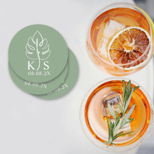 Aangepast Monstera Monogram Save the Date Logo Ronde Kartonnen Onderzetter