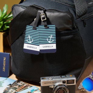 Aangepast nautisch aqua turquoise gestreept patroo bagagelabel