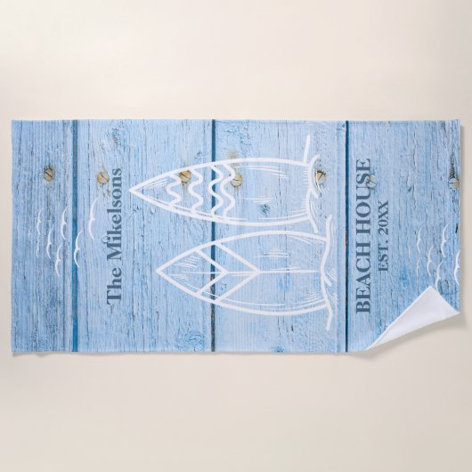 Aangepast nautisch blauw hout strandhuis strandlaken (Voorkant)