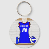 Aangepast netball Uniform Blue met rood en wit Sleutelhanger (Voorkant)