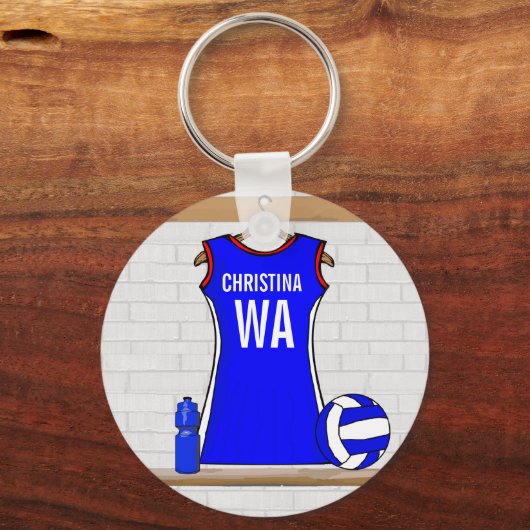 Aangepast netball Uniform Blue met rood en wit Sleutelhanger (Voorkant)