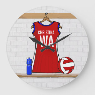 Aangepast netball Uniform Red met blauw en wit Grote Klok