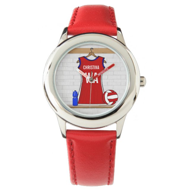 Aangepast netball Uniform Red met blauw en wit Horloge (Voorkant)