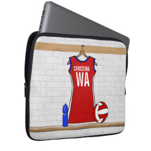 Aangepast netball Uniform Red met blauw en wit Laptop Sleeve