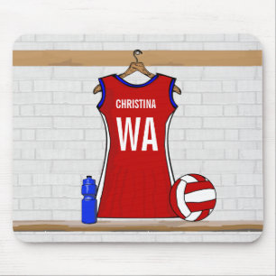 Aangepast netball Uniform Red met blauw en wit Muismat
