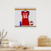 Aangepast netball Uniform Red met blauw en wit Poster (Keuken)