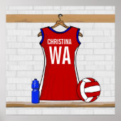 Aangepast netball Uniform Red met blauw en wit Poster (Voorkant)