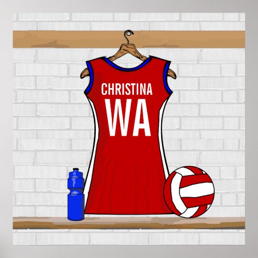 Aangepast netball Uniform Red met blauw en wit Poster (Voorkant)