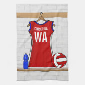 Aangepast netball Uniform Red met blauw en wit Theedoek (Verticaal)