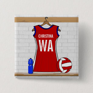 Aangepast netball Uniform Red met blauw en wit Vierkante Button 5,1 Cm