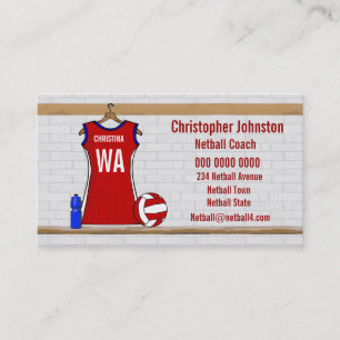 Aangepast netball Uniform Red met blauw en wit Visitekaartje