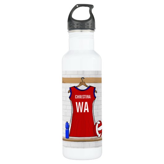 Aangepast netball Uniform Red met blauw en wit Waterfles (Voorkant)