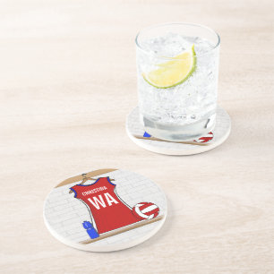 Aangepast netball Uniform Red met blauw en wit Zandsteen Onderzetter