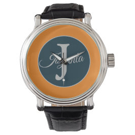 Aangepast oranje grijs blauw Monogram Elegant Horloge