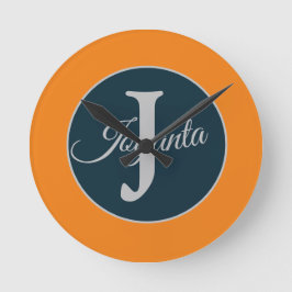 Aangepast oranje grijs blauw Monogram Elegant Ronde Klok