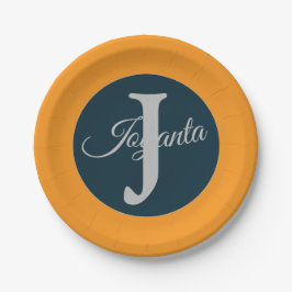 Aangepast oranje grijsblauw Monogram Elegant Papieren Bordje