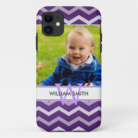 Aangepast Paars foto- en monogram Chevron Pattern Case-Mate iPhone Case (Achterkant)