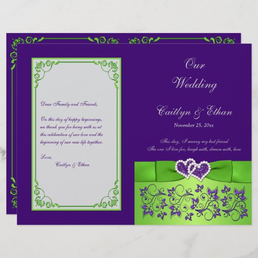 Aangepast Paars, Limoen, grijs bruiloft Programma (Voorkant / Achterkant)