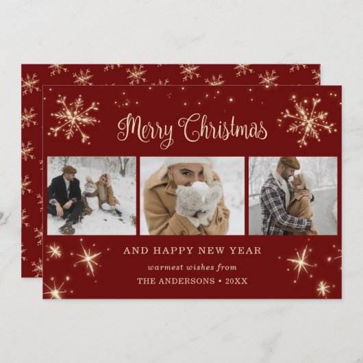 Aangepast rood met snowflake fotocollage feestdagenkaart (Voorkant / Achterkant)