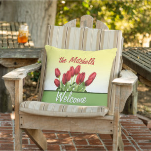 Aangepast rood Tulps Welkom modern Retro Script Buitenkussen