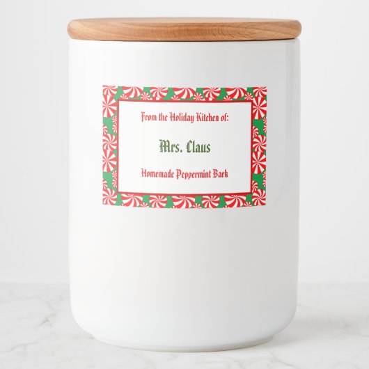 Aangepast rood-witte feesteppermint op groen voedselcontainer etiket (Voorkant)