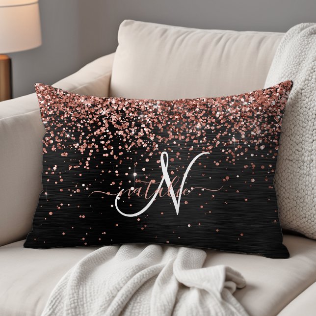 Aangepast Roos Gold Glitter Black Sparkle Monogram Accent Kussen (Creator heeft geüpload)