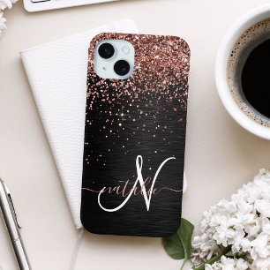Aangepast Roos Gold Glitter Black Sparkle Monogram iPhone 15 Mini Hoesje