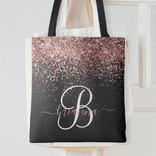 Aangepast Roos Gold Glitter Black Sparkle Monogram Draagtas