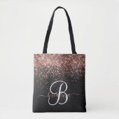 Aangepast Roos Gold Glitter Black Sparkle Monogram Draagtas (Voorkant)