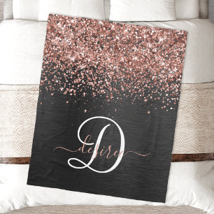 Aangepast Roos Gold Glitter Black Sparkle Monogram Fleece Deken