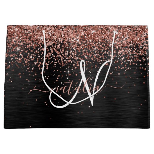 Aangepast Roos Gold Glitter Black Sparkle Monogram Groot Cadeauzakje (Voorkant)