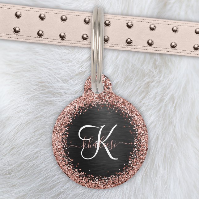 Aangepast Roos Gold Glitter Black Sparkle Monogram Huisdierpenning (Creator heeft geüpload)