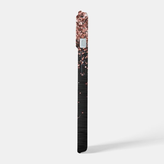 Aangepast Roos Gold Glitter Black Sparkle Monogram iPhone 15 Hoesje (Linkerkant)