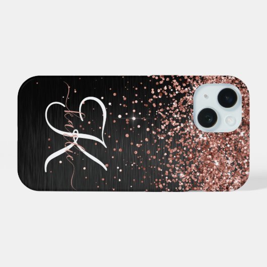 Aangepast Roos Gold Glitter Black Sparkle Monogram iPhone 15 Hoesje (Achterkant horizontaal)