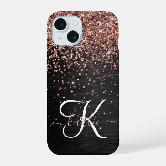 Aangepast Roos Gold Glitter Black Sparkle Monogram iPhone 15 Hoesje (Achterkant)