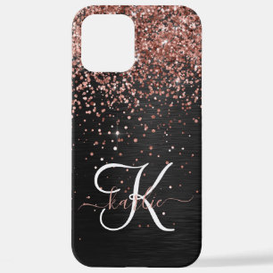 Aangepast Roos Gold Glitter Black Sparkle Monogram iPhone 12 Pro Max Hoesje