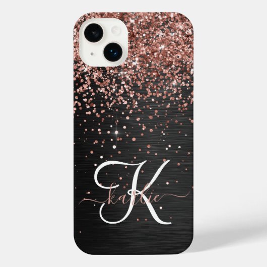 Aangepast Roos Gold Glitter Black Sparkle Monogram iPhone Hoesje (Achterkant)