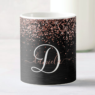 Aangepast Roos Gold Glitter Black Sparkle Monogram Koffiemok