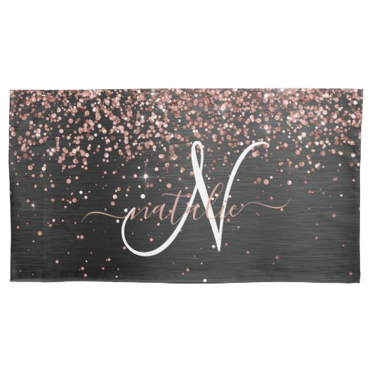 Aangepast Roos Gold Glitter Black Sparkle Monogram Kussensloop (Voorkant)