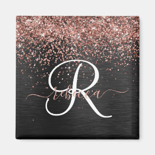 Aangepast Roos Gold Glitter Black Sparkle Monogram Magneet