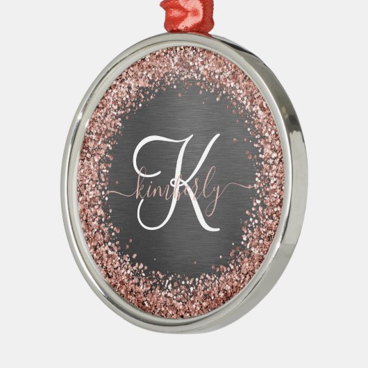 Aangepast Roos Gold Glitter Black Sparkle Monogram Metalen Ornament (Links)