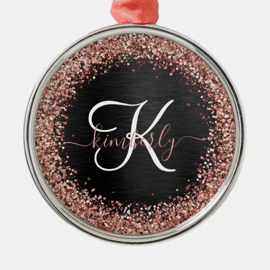 Aangepast Roos Gold Glitter Black Sparkle Monogram Metalen Ornament (Voorkant)