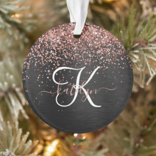 Aangepast Roos Gold Glitter Black Sparkle Monogram Ornament