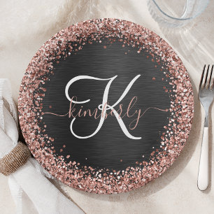 Aangepast Roos Gold Glitter Black Sparkle Monogram Papieren Bordje