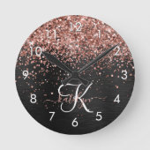 Aangepast Roos Gold Glitter Black Sparkle Monogram Ronde Klok (Voorkant)