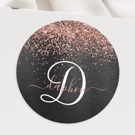 Aangepast Roos Gold Glitter Black Sparkle Monogram Ronde Sticker