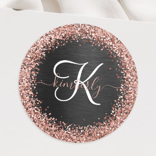 Aangepast Roos Gold Glitter Black Sparkle Monogram Ronde Sticker