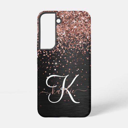 Aangepast Roos Gold Glitter Black Sparkle Monogram Samsung Galaxy Hoesje (Achterkant)